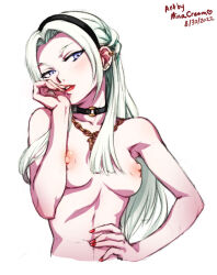 Rule 34 | 1girl, 2022, artist name, breasts, choker, commentary, completely nude, dated, ear piercing, edelgard von hresvelg, english commentary, fire emblem, fire emblem: three houses, hairband, jewelry, long hair, looking at viewer, medium breasts, mina cream, necklace, nintendo, nipples, nude, o-ring, o-ring choker, piercing, purple eyes, red lips, red nails, simple background, solo, upper body, watermark, white background, white hair