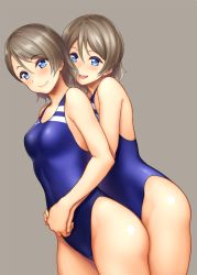 Rule 34 | 2girls, age difference, ass, blue eyes, blue one-piece swimsuit, blush, breasts, closed mouth, colored eyelashes, competition swimsuit, cowboy shot, dutch angle, emblem, from side, grey background, grey hair, hair between eyes, head tilt, highres, holding hands, hug, hug from behind, light smile, looking at viewer, looking to the side, love live!, love live! sunshine!!, mature female, medium breasts, mother and daughter, multiple girls, one-piece swimsuit, open mouth, parted bangs, pink lips, serizawa (serizawaroom), short hair, simple background, smile, standing, swimsuit, thighs, watanabe you, watanabe you&#039;s mother