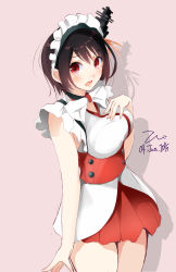 Rule 34 | 10s, 1girl, :d, adapted costume, bad id, bad pixiv id, black hair, breasts, highres, kantai collection, maid headdress, open mouth, red eyes, short hair, smile, solo, tebi (tbd11), yamashiro (kancolle)