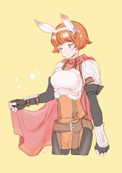 Rule 34 | 1girl, animal ears, armor, belt, blush, breastplate, brown eyes, brown hair, cape, commentary request, cropped legs, dorothy (fire emblem), fake animal ears, fire emblem, fire emblem: the binding blade, nintendo, rabbit ears, red cape, short hair, shoulder armor, simple background, urihara84, yellow background