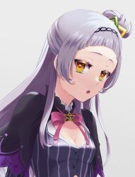 Rule 34 | 1girl, :s, arched bangs, black capelet, bow, bowtie, breasts, capelet, choppy bangs, cleavage, cleavage cutout, clothing cutout, forehead, gradient background, grey background, grey hair, grey shirt, hair bun, hairband, highres, hololive, long hair, long sleeves, looking at viewer, mkida (7100mkd), murasaki shion, murasaki shion (1st costume), no headwear, pink bow, pink bowtie, purple capelet, raised eyebrows, shirt, sidelocks, single side bun, small breasts, solo, striped clothes, striped shirt, surprised, taut clothes, taut shirt, upper body, vertical-striped clothes, vertical-striped shirt, virtual youtuber, yellow eyes