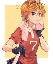 Rule 34 | 1girl, black gloves, brown eyes, collared shirt, commentary request, futari wa precure, gloves, hair up, highres, lacrosse, lacrosse stick, looking at viewer, misumi nagisa, orange hair, plaid, plaid skirt, precure, red shirt, sasano-01, shirt, short hair, skirt, solo, standing, towel