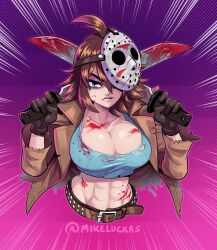 Rule 34 | 1girl, abs, ahoge, belt, bishoujo terror, black gloves, blood, blood on chest, blood on clothes, blood on face, bloody weapon, blue eyes, breasts, brown hair, cleavage, cocked eyebrow, commentary, dual wielding, english commentary, friday the 13th, genderswap, genderswap (mtf), gloves, hockey mask, holding, horror (theme), jason voorhees, jason voorhees (kotobukiya bishoujo), kotobukiya bishoujo, large breasts, machete, mask, midriff, mike luckas, muscular, muscular female, scratches, short hair, tomboy, twitter username, upper body, weapon