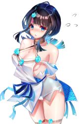 Rule 34 | 1girl, arms behind back, bare shoulders, blue eyes, blue ribbon, blush, breasts, chiachun0621, cleavage, dress, fate/grand order, fate/requiem, fate (series), flying sweatdrops, fundoshi, highres, japanese clothes, jewelry, large breasts, long sleeves, looking at viewer, magatama, magatama hair ornament, medium hair, multicolored hair, necklace, parted lips, pelvic curtain, puffy long sleeves, puffy sleeves, ribbon, seigaiha, short dress, sideboob, sideless outfit, sidelocks, simple background, streaked hair, thighs, utsumi erice, white background, white dress