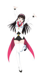 Rule 34 | 1girl, :d, arms up, black hair, black shorts, black thighhighs, blunt bangs, floating hair, frilled hairband, frills, full body, green eyes, hairband, head tilt, high heels, highres, hime cut, kurosawa dia, long hair, long sleeves, love live!, love live! sunshine!!, mirai ticket, mole, mole under mouth, official style, open mouth, outstretched arms, outstretched hand, pumps, short shorts, shorts, simple background, smile, solo, standing, standing on one leg, thighhighs, very long hair, white background, white thighhighs, yu-ta, zettai ryouiki