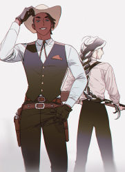 Rule 34 | 2boys, alternate costume, black pants, blue eyes, braid, braided ponytail, collared shirt, commentary request, cowboy western, creatures (company), earrings, game freak, gloves, grin, gun, hand on headwear, hand up, handgun, hat, holding, holding gun, holding weapon, holster, jewelry, korean commentary, long hair, male focus, multiple boys, neck ribbon, nintendo, pants, piers (pokemon), pokemon, pokemon swsh, raihan (pokemon), ribbon, rioru (rioru v v), shirt, smile, teeth, vest, weapon, white background, white shirt