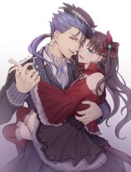 Rule 34 | 1boy, 1girl, arm around back, artist name, black hair, black headwear, black jacket, black ribbon, black skirt, blue eyes, blue hair, bow, brown hair, carrying, clothing cutout, clothing request, commentary request, cu chulainn (fate), cu chulainn (fate/stay night), earrings, fang, fate/stay night, fate (series), flower, formal, gem, hair bow, hat, hat flower, highres, holding hands, horns, jacket, jewelry, long hair, long sleeves, looking at viewer, mondi hl, neck ribbon, open mouth, ponytail, red bow, red eyes, red horns, red shirt, red thighhighs, ribbon, shirt, shoulder cutout, skirt, smile, thighhighs, tohsaka rin, wide sleeves