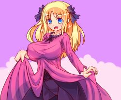 Rule 34 | 1girl, black pantyhose, blonde hair, blue eyes, blush, breasts, clothes lift, dress, dress lift, large breasts, long dress, long hair, looking at viewer, open mouth, pantyhose, pink dress, purple background, solo