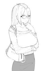 Rule 34 | 1girl, absurdres, aliasing, arm across waist, bag, bangs pinned back, bare shoulders, bench, breast hold, breasts, commentary, cowboy shot, english commentary, glasses, handbag, highres, inne sulistya robin, large breasts, long hair, looking away, monochrome, norman maggot, original, pencil skirt, shirt, simple background, skirt, solo, standing, teacher, white background