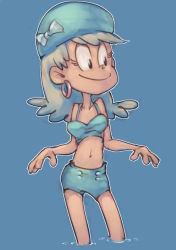 Rule 34 | 1girl, blue background, breasts, conoghi, earrings, feet out of frame, hat, hoop earrings, jewelry, leni loud, long hair, navel, nickelodeon, outline, shorts, simple background, small breasts, smile, solo, standing, tank top, the loud house, wading, water, white outline