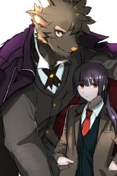Rule 34 | 1boy, 1girl, animal ears, black hair, collared shirt, commentary request, formal, furry, furry male, goat boy, goat ears, goat horns, highres, horns, kuromaih, long hair, long sleeves, looking at viewer, protagonist 2 (housamo), mephistopheles (housamo), necktie, shirt, suit, tokyo houkago summoners, upper body, white shirt