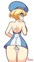 Rule 34 | 1girl, animated, animated gif, arc system works, ass, ass shake, back, backless outfit, bare shoulders, beret, blazblue, blonde hair, blush, butt crack, cameltoe, diives, dress, from behind, gloves, green eyes, hat, highres, looking back, noel vermillion, panties, shiny skin, short hair, solo, underwear