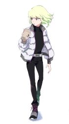 Rule 34 | 1boy, belt, blonde hair, bubble tea, casual, cup, drinking straw, highres, holding, holding cup, jacket, kannoiimituhiko, lio fotia, long sleeves, male focus, open mouth, pants, promare, shoes, sneakers, solo