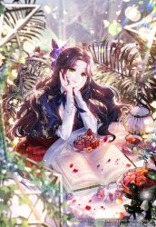 Rule 34 | 1girl, black hair, book, cake, copyright name, cover, cover page, cup, eyeshadow, food, fruit, green eyes, hands on own face, head tilt, highres, kiwikong, korean commentary, leaf, lens flare, long hair, looking at viewer, makeup, novel cover, official art, open book, parted bangs, red eyeshadow, sitting, smile, solo, strawberry, tea, teacup, teapot, yeogharem game-eseo byeong-yaghan extraga saneun beob