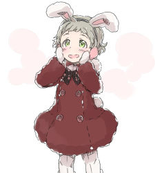 Rule 34 | 10s, 1boy, alternate costume, animal ears, blush, bow, child, earmuffs, egawa satsuki, gloves, green eyes, hands on own cheeks, hands on own face, himeno kanon, idolmaster, idolmaster side-m, looking up, male focus, mittens, polka dot, rabbit ears, rabbit tail, smile, solo, tail, white gloves, winter clothes
