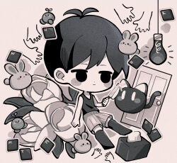 Rule 34 | 1boy, animal, antenna hair, arm at side, black cat, black eyes, black hair, black socks, black tank top, cat, chibi, chibi only, closed mouth, door, expressionless, flower, forest bunny (omori), full body, hair between eyes, highres, holding, holding knife, knife, kohinata kanoo, leaf, light bulb, mewo, monochrome, omori, omori (omori), outline, rabbit, short hair, shorts, socks, solo, sparkle, sprout mole, striped clothes, striped shorts, tank top, tissue box, tulip, vertical-striped clothes, vertical-striped shorts