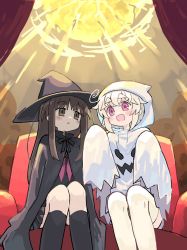 Rule 34 | 2girls, :d, :o, akichi mashiro, black cloak, black headwear, black shirt, black skirt, black socks, blush, brown eyes, brown hair, cloak, commentary request, eye contact, feet out of frame, ghost costume, halloween, hands up, hat, highres, hood, hood up, kibisake, long hair, long sleeves, looking at another, multiple girls, open mouth, original, parted lips, pink eyes, pleated skirt, shirt, short eyebrows, sitting, skirt, sleeves past fingers, sleeves past wrists, smile, socks, thick eyebrows, torii koyomi, very long hair, white hair, witch hat