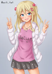 Rule 34 | 1girl, anti (untea9), black skirt, blonde hair, blue eyes, blush, bow, clothes writing, collarbone, cowboy shot, double v, grecale (kancolle), hair between eyes, hair bow, highres, jacket, jewelry, kantai collection, long hair, looking at viewer, necklace, open clothes, open jacket, open mouth, pink bow, pink shirt, pleated skirt, shirt, skirt, smile, solo, twitter username, v, white jacket