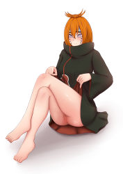Rule 34 | 1girl, absurdres, akatsuki uniform, animal path, ass, bare legs, barefoot, black robe, bottomless, breasts, chikushoudou pain, cleft of venus, clothes lift, cloud print, crossed legs, dress, dress lift, embarrassed, feet, full body, hair between eyes, hands up, highres, knees up, legs, lifting own clothes, looking at viewer, medium breasts, medium hair, naruto (series), naruto shippuuden, no panties, orange hair, pain (naruto), piercing, purple eyes, pussy, rinnegan, robe, robe lift, seisen, simple background, sitting, solo, symbol-shaped pupils, thighs, uncensored, upskirt, wavy mouth