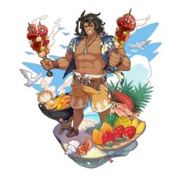 Rule 34 | 1boy, belt, brown hair, dragalia lost, fish, flower, food, full body, grill, hawaiian shirt, long hair, looking at viewer, male focus, muscular, non-web source, official art, open clothes, open shirt, parted lips, ranzal (dragalia lost), saitou naoki, shirt, smile, solo, teeth, transparent background