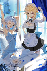 Rule 34 | 3girls, :d, :o, ^ ^, alternate costume, apron, armpits, arms up, bed, blonde hair, blue dress, blue eyes, breasts, cleavage, closed eyes, commentary request, dress, enmaided, frilled apron, frills, furina (genshin impact), genshin impact, hair intakes, lumine (genshin impact), maid, maid headdress, multiple girls, open mouth, paimon (genshin impact), puffy short sleeves, puffy sleeves, scottie (phantom2), shirt, short hair, short sleeves, small breasts, smile, spaghetti strap, standing, stretching, waist apron, white apron, white hair, white shirt, yellow eyes