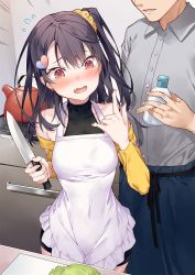 Rule 34 | 1boy, 1girl, @ @, apron, bandaid, bare shoulders, black hair, blood, blush, breasts, brother and sister, collarbone, commentary request, covered navel, fang, hair ornament, hair scrunchie, heart, heart hair ornament, holding, holding bandaid, holding knife, injury, kitchen, knife, medium breasts, medium hair, original, red eyes, scrunchie, siblings, side ponytail, tears, tokuno yuika, white apron