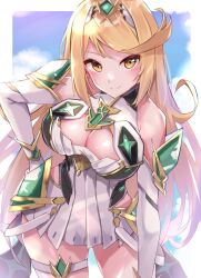 Rule 34 | 1girl, bare legs, bare shoulders, blonde hair, blush, breasts, chest jewel, cleavage, cleavage cutout, clothing cutout, core crystal (xenoblade), dress, earrings, elbow gloves, gem, gloves, hand on own hip, headpiece, jewelry, large breasts, long hair, looking at viewer, microdress, mythra (xenoblade), racket ti1, short dress, smile, solo, swept bangs, thigh strap, tiara, very long hair, white dress, white gloves, xenoblade chronicles (series), xenoblade chronicles 2, yellow eyes