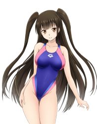 Rule 34 | 1girl, arena (company), bare arms, bare legs, bare shoulders, blue one-piece swimsuit, blunt bangs, blush, breasts, brown eyes, brown hair, closed mouth, clothes writing, collarbone, competition swimsuit, contrapposto, covered navel, cowboy shot, eyebrows, eyelashes, fuuma nagi, gluteal fold, groin, hand on own thigh, head tilt, highleg, highleg swimsuit, large breasts, legs together, long hair, looking at viewer, matching hair/eyes, one-piece swimsuit, original, revision, sidelocks, simple background, skin tight, smile, solo, standing, swimsuit, thigh gap, twintails, two side up, very long hair, white background