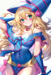 Rule 34 | 1girl, :&lt;, absurdres, arm up, bare shoulders, blonde hair, blue dress, blue gloves, blue hat, blush, breasts, chinese commentary, cleavage, closed mouth, commentary request, covered navel, cowboy shot, dark magician girl, dress, elbow gloves, facepaint, gloves, green eyes, hair between eyes, hat, head tilt, highres, jewelry, large breasts, long hair, looking at viewer, neck, necklace, off-shoulder dress, off shoulder, pentagram, simple background, solo, strap slip, thighs, very long hair, white background, wizard hat, wu ganlan cai, yu-gi-oh!