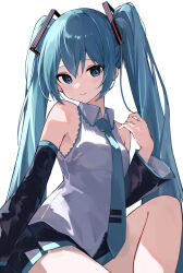 Rule 34 | 1girl, absurdres, aqua hair, aqua necktie, armpit crease, bare legs, bare shoulders, black skirt, black sleeves, blue eyes, breasts, closed mouth, collared shirt, commentary, detached sleeves, english commentary, grey shirt, hair between eyes, hair ornament, hand up, hatsune miku, highres, knee up, light blush, long hair, looking at viewer, miniskirt, necktie, pleated skirt, rakugaki ningen, shirt, sidelighting, sidelocks, simple background, skirt, sleeveless, sleeveless shirt, sleeves past elbows, small breasts, solo, twintails, very long hair, vocaloid, white background, wide sleeves, wing collar