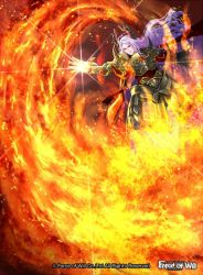 Rule 34 | 1boy, armor, copyright name, fire, force of will, gloves, long hair, male focus, official art, red eyes, solo, tomida tomomi, white hair