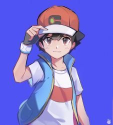 Rule 34 | 1boy, ash ketchum, black hair, blue jacket, brown eyes, closed mouth, commentary request, creatures (company), dynamax band, fingerless gloves, game freak, gloves, hand on headwear, hand up, hat, highres, jacket, looking at viewer, male focus, nintendo, podayo po, pokemon, pokemon (anime), pokemon journeys, red hat, shirt, short hair, short sleeves, simple background, sleeveless, sleeveless jacket, solo, t-shirt, white shirt