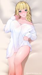 Rule 34 | 1girl, bed sheet, bikini, bikini under clothes, blunt bangs, breasts, closed mouth, commentary, dip art, dress shirt, english commentary, fanbox username, feet out of frame, fire emblem, fire emblem: three houses, green eyes, head on pillow, ingrid brandl galatea, knee up, large breasts, long hair, long sleeves, looking at viewer, lying, nintendo, off shoulder, on back, paid reward available, see-through, see-through shirt, shirt, smile, solo, swimsuit, white shirt, yellow bikini