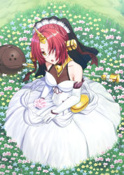 Rule 34 | 1girl, bare shoulders, blue eyes, cleavage, dress, elbow gloves, fate/apocrypha, fate (series), field, flower, flower field, frankenstein&#039;s monster (fate), gloves, hair over eyes, headgear, heterochromia, horns, jewelry, looking at viewer, mizunashi hayate, necklace, open mouth, pink hair, see-through, see-through cleavage, short hair, single horn, sitting, solo, veil, weapon, white dress, white gloves, yellow eyes