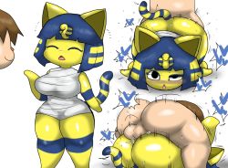 Rule 34 | 1boy, 1girl, animal crossing, animal ears, ankha (animal crossing), ass, bandages, breasts, brown hair, cat ears, cat tail, doggystyle, enigi09, furry, furry female, furry with non-furry, heart, hetero, highres, huge penis, interspecies, large breasts, leg grab, leg up, lying, lying on person, mating press, nintendo, open mouth, penis, sex, sex from behind, short hair, simple background, smile, speech bubble, tail, testicles, uneven eyes, vaginal, villager (animal crossing), white background