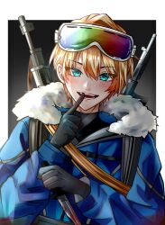 Rule 34 | 1boy, absurdres, black gloves, blonde hair, blood, bloody weapon, blue coat, blue eyes, blush, border, coat, facing viewer, finger to mouth, gloves, gradient background, grey background, gun, gun on back, hair between eyes, highres, holding, holding knife, holostars, itodama, kishido temma, knife, looking at viewer, mixed-language commentary, open mouth, short hair, smile, solo, teeth, upper body, virtual youtuber, weapon, weapon on back, white border, winter clothes, winter coat