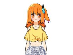 Rule 34 | 1girl, a.i. voice, adachi rei, alternate costume, arms at sides, closed mouth, clothing cutout, cropped shirt, floral print, floral print skirt, hair ornament, hair scrunchie, jewelry, looking at viewer, medium hair, midriff, navel, necklace, one side up, orange eyes, orange hair, print skirt, retsu404, scrunchie, shirt, shoulder cutout, simple background, skirt, solo, standing, straight-on, tied shirt, transparent background, upper body, utau, yellow shirt