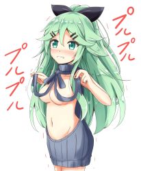 Rule 34 | 10s, 1girl, aikawa ryou, backless dress, backless outfit, black ribbon, blush, breasts, convenient censoring, cowboy shot, drawstring, dress, green eyes, green hair, hair between eyes, hair flaps, hair ornament, hair ribbon, hairclip, halterneck, highres, kantai collection, long hair, medium breasts, meme attire, naked sweater, navel, nose blush, parted lips, ponytail, ribbed sweater, ribbon, simple background, solo, sweater, sweater dress, trembling, turtleneck, turtleneck sweater, virgin killer sweater, wardrobe error, wavy mouth, white background, yamakaze (kancolle)