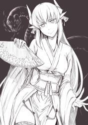 Rule 34 | 1girl, brown theme, closed mouth, fate/grand order, fate (series), folding fan, hand fan, head tilt, highres, holding, holding fan, horn ornament, horns, japanese clothes, kimono, kiyohime (fate), long sleeves, looking at viewer, monochrome, nakamura regura, obi, sash, smile, snake, solo, thighhighs, wide sleeves