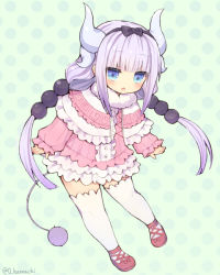 Rule 34 | 1girl, bad id, bad pixiv id, beads, blue eyes, dragon horns, dress, full body, hair beads, hair ornament, hairband, horns, kanna kamui, kobayashi-san chi no maidragon, long hair, low twintails, o hamachi, open mouth, pink dress, pink hair, ribbon, shoes, short dress, solo, tail, thighhighs, twintails, white thighhighs