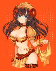 Rule 34 | 1girl, absurdres, breasts, brown hair, cleavage, cropped legs, dancer, earrings, fate/grand order, fate (series), flower, frilled hairband, frills, grey eyes, hair flower, hair ornament, hairband, highres, hoop earrings, jewelry, large breasts, long hair, mata hari (fate), midriff, navel, red background, signature, smile, sumifate