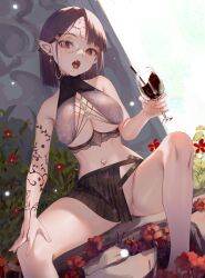 Rule 34 | 1girl, absurdres, bare shoulders, black skirt, breasts, brown hair, cleavage, cup, day, drink, drinking glass, dutch angle, ear piercing, fangs, feet out of frame, flower, gun, highres, holding, holding gun, holding weapon, large breasts, looking at viewer, miniskirt, monochrome, navel, navel piercing, nekobell, no panties, open mouth, original, outdoors, paintbrush, piercing, pointy ears, red flower, revealing clothes, short hair, skirt, solo, spread legs, tongue piercing, weapon