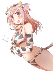 Rule 34 | 1girl, :d, aikawa chiho, animal ears, animal print, bell, bikini, breasts, brown eyes, brown hair, cleavage, collar, commentary request, cow ears, cow horns, cow print, cow tail, cowboy shot, detached sleeves, fake animal ears, fake horns, fake tail, flying sweatdrops, groin, horns, large breasts, long hair, looking at viewer, navel, open mouth, own hands clasped, own hands together, print bikini, red collar, side-tie bikini bottom, simple background, smile, solo, standing, stomach, swimsuit, tail, tatsunokosso, white background, yuyushiki
