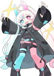 Rule 34 | 1girl, :d, ahoge, armband, belt, black bodysuit, black footwear, black gloves, black jacket, blue belt, blue eyes, blue hair, blush, bodysuit, boots, clothes writing, commission, fingerless gloves, gloves, headgear, heart, heart ahoge, heterochromia, highres, jacket, kibisake, long hair, long sleeves, looking at viewer, multicolored hair, open clothes, open jacket, open mouth, original, pink belt, pink eyes, pink hair, short eyebrows, simple background, skeb commission, smile, solo, sparkle, standing, streaked hair, symbol-shaped pupils, thick eyebrows, twintails, very long hair, white background, white hair, wide sleeves, x-shaped pupils