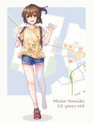 Rule 34 | aged down, backpack, bag, blouse, blue shorts, brown hair, character age, character name, child, commentary, denim, denim shorts, floral print, hand up, highres, idolmaster, idolmaster cinderella girls, legs, looking at viewer, map, map background, medium hair, namiki meiko, open mouth, ponytail, red footwear, shirt, shoes, short sleeves, shorts, smile, socks, solo, t-shirt, thighs, waving, white socks, yata goyogyo, yellow eyes, yellow shirt