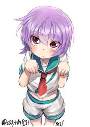 Rule 34 | 1girl, bad id, bad twitter id, feet out of frame, green sailor collar, highres, kantai collection, looking at viewer, neckerchief, one-hour drawing challenge, paw pose, purple hair, red eyes, red neckerchief, sailor collar, school uniform, serafuku, short hair, short sleeves, shorts, simple background, solo, standing, tama (kancolle), twitter username, white background, white shorts, zombie mogura