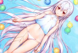 Rule 34 | 1girl, absurdres, arms at sides, copyright request, halterneck, highres, huge filesize, komeshiro kasu, long hair, lying, on back, partially submerged, pointy ears, red eyes, silver hair, solo, tagme, very long hair