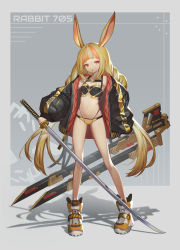 Rule 34 | 1girl, animal ears, banned artist, bare legs, black jacket, blonde hair, blunt bangs, breasts, crop top, extra ears, highres, holding, holding sword, holding weapon, jacket, katana, long hair, long sleeves, looking at viewer, multicolored hair, navel, open clothes, open jacket, orange hair, original, panties, parted lips, puffy long sleeves, puffy sleeves, rabbit ears, red eyes, shoes, simple background, small breasts, solo, stomach, streaked hair, sword, twintails, underwear, very long hair, weapon, yellow panties, yiku (sim7368)