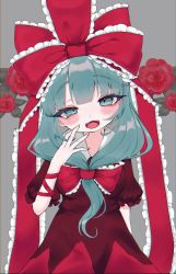 Rule 34 | 1girl, :3, :d, absurdres, arm ribbon, blush, bow, collared dress, dress, fangs, flower, frilled bow, frills, front ponytail, green eyes, green hair, hair bow, half-closed eyes, hand on own cheek, hand on own face, hand up, head tilt, highres, kagiyama hina, large bow, large ribbon, long hair, looking at viewer, open mouth, renakobonb, ribbon, rose, sharp teeth, short sleeves, slit pupils, smile, solo, teeth, touhou