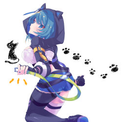 Rule 34 | 1girl, aizawa kazuha, animal ears, animal hood, arched back, arm at side, assault lily, asymmetrical legwear, belt, black belt, black footwear, black gloves, black pantyhose, blue eyes, blue hair, blue shorts, blurry, breasts, cat, cat ears, cat hood, commentary, cowboy shot, crop top, cutoffs, depth of field, fake animal ears, fingerless gloves, fingernails, from behind, glint, gloves, hair between eyes, hand up, highres, holding, holding belt, hood, hood up, large breasts, leg up, long fingernails, long sleeves, looking at viewer, looking back, medium breasts, midriff, multiple belts, naridon, notice lines, official alternate costume, open belt, pantyhose, parted lips, paw print, paw print background, shirt, shoes, short hair, short shorts, shorts, shrug (clothing), single leg pantyhose, single thighhigh, solo, standing, standing on one leg, thighhighs, white background, white shirt, white thighhighs, wristband, yellow belt